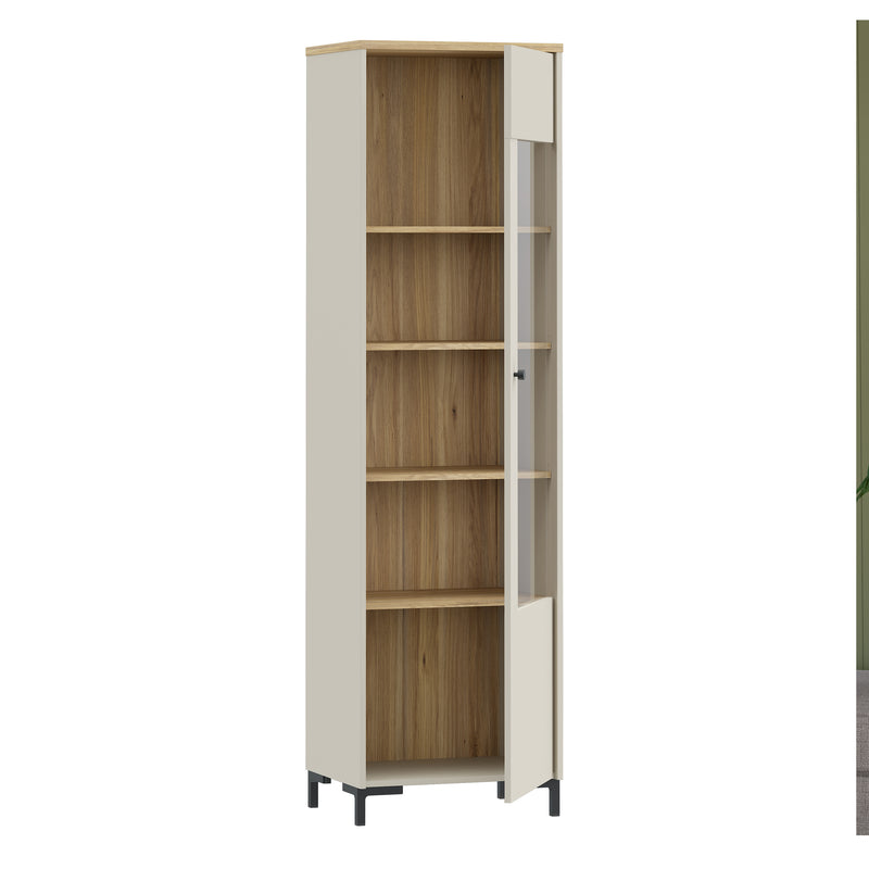 Bixbite Tall Display Cabinet with Fluted Detail, Door & Open Shelving in Mauvella Oak and Sand – image 4