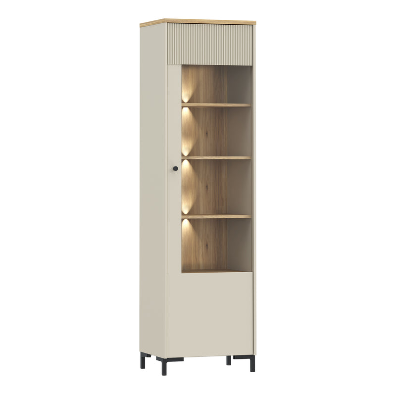 Bixbite Tall Display Cabinet with Fluted Detail, Door & Open Shelving in Mauvella Oak and Sand – image 7