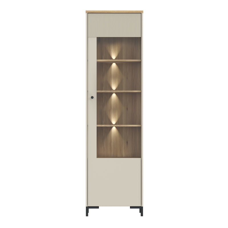 Bixbite Tall Display Cabinet with Fluted Detail, Door & Open Shelving in Mauvella Oak and Sand – image 8