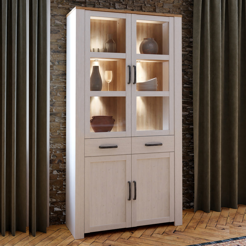 Bohol Display Cabinet 4 Door 2 Drawer in Oak/White inc LED Lighting – image 7