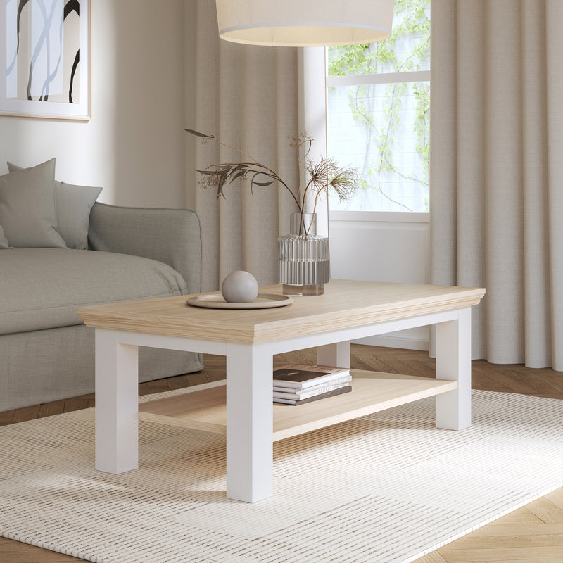 Pontypool Large Rectangular Coffee Table with Shelf in White and Riva Oak – image 4