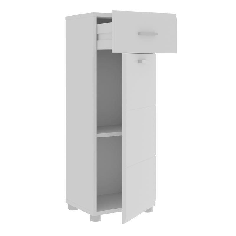 Ice Cave Bathroom Storage Cupboard with 1 Door & 1 Drawer with Silver Handles in White with White High Gloss Door – image 3