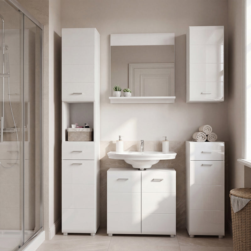 Ice Cave Bathroom Storage Cupboard with 1 Door & 1 Drawer with Silver Handles in White with White High Gloss Door – image 6