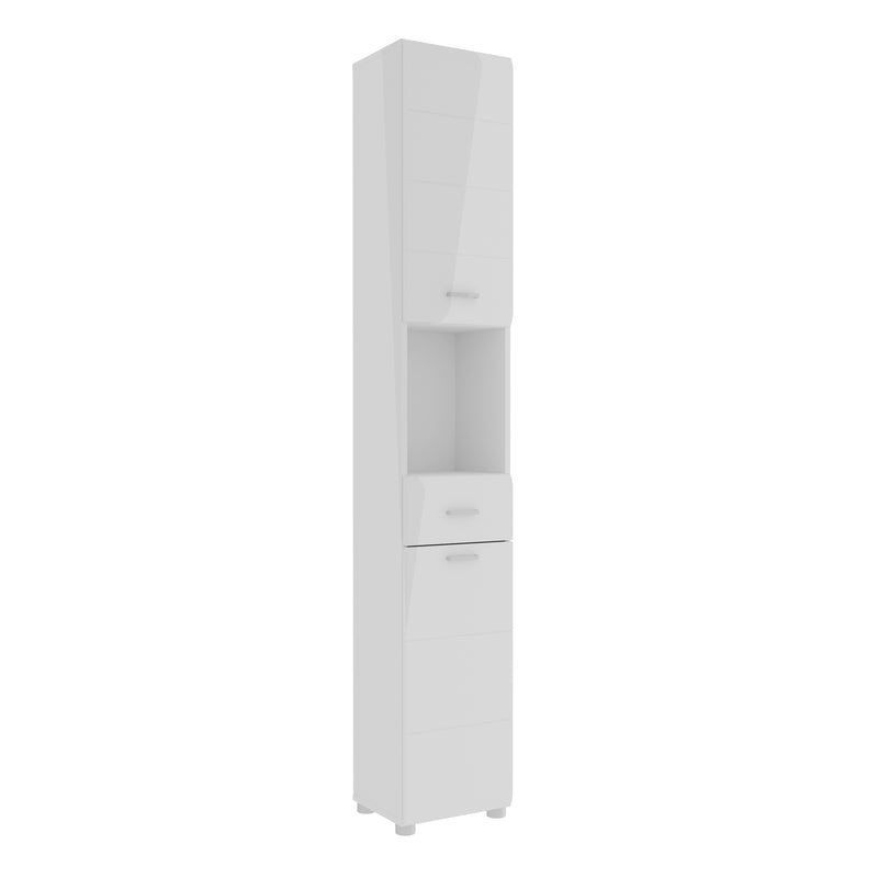 Ice Cave Narrow Bathroom Storage Cabinet with 2 Doors & 1 Drawer with Silver Handles in White with White High Gloss Fronts – image 1