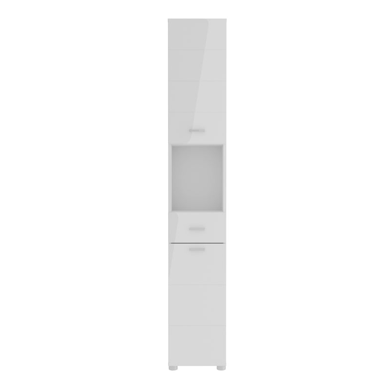 Ice Cave Narrow Bathroom Storage Cabinet with 2 Doors & 1 Drawer with Silver Handles in White with White High Gloss Fronts – image 2