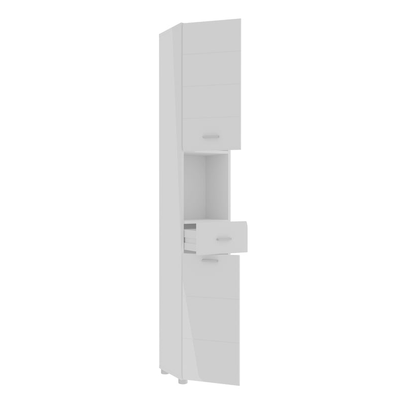 Ice Cave Narrow Bathroom Storage Cabinet with 2 Doors & 1 Drawer with Silver Handles in White with White High Gloss Fronts – image 3