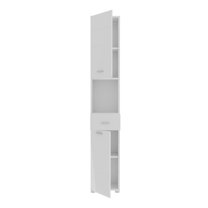 Ice Cave Narrow Bathroom Storage Cabinet with 2 Doors & 1 Drawer with Silver Handles in White with White High Gloss Fronts – image 4