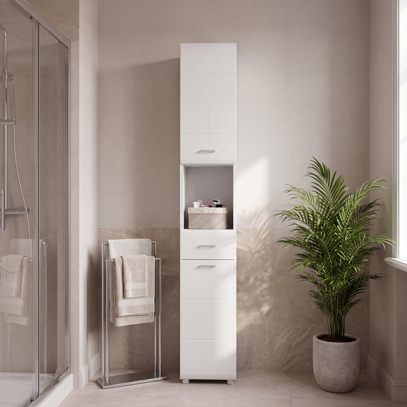 Ice Cave Narrow Bathroom Storage Cabinet with 2 Doors & 1 Drawer with Silver Handles in White with White High Gloss Fronts – image 5