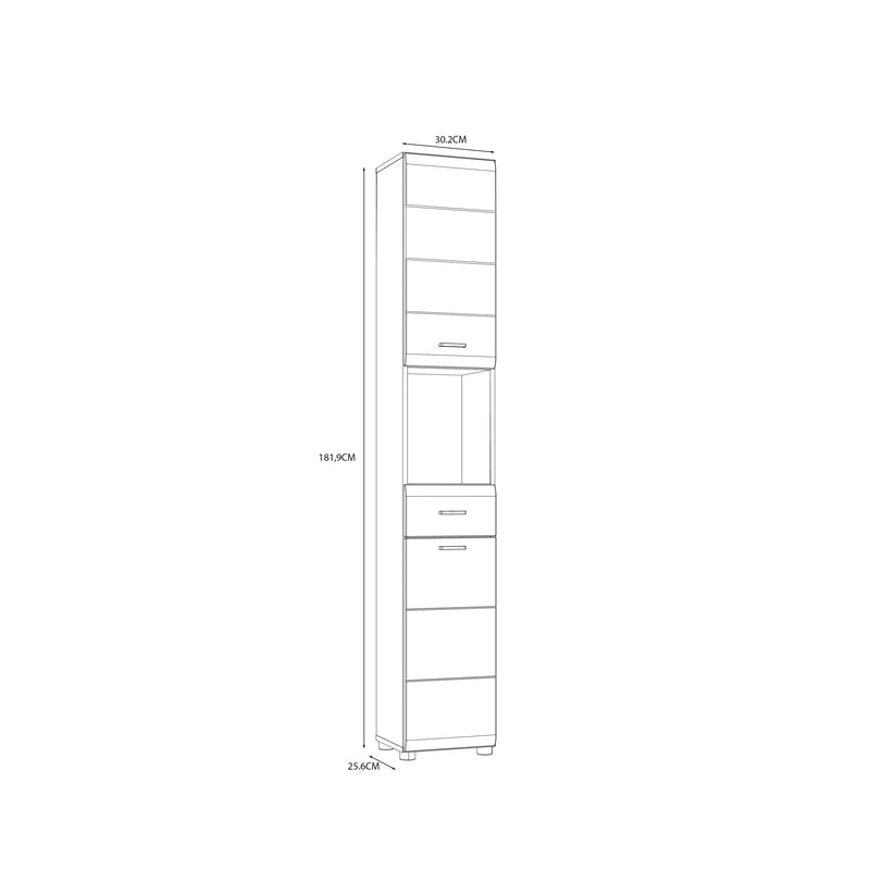 Ice Cave Narrow Bathroom Storage Cabinet with 2 Doors & 1 Drawer with Silver Handles in White with White High Gloss Fronts – image 9