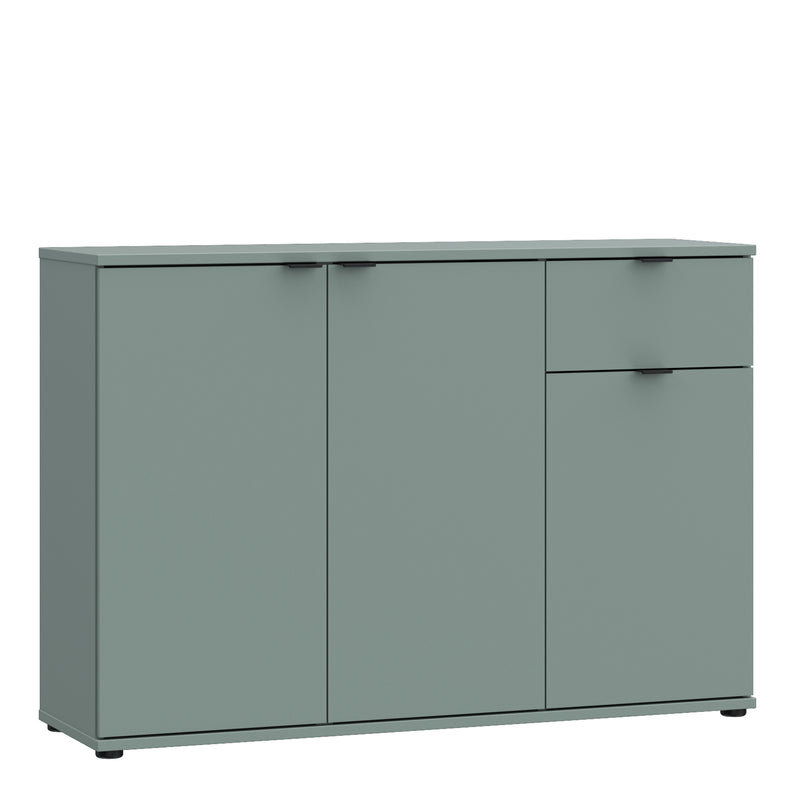 Ganymede Wide 3 Door Cupboard with Drawer in Sage Green – image 1