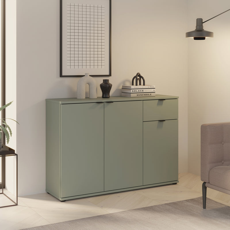 Ganymede Wide 3 Door Cupboard with Drawer in Sage Green – image 5