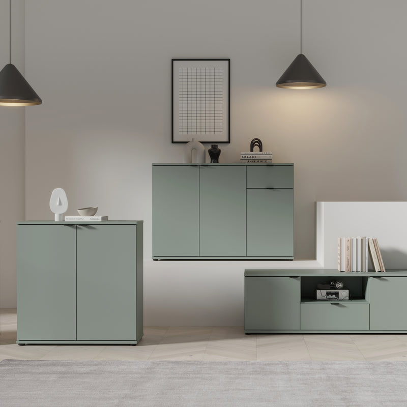 Ganymede Wide 3 Door Cupboard with Drawer in Sage Green – image 6