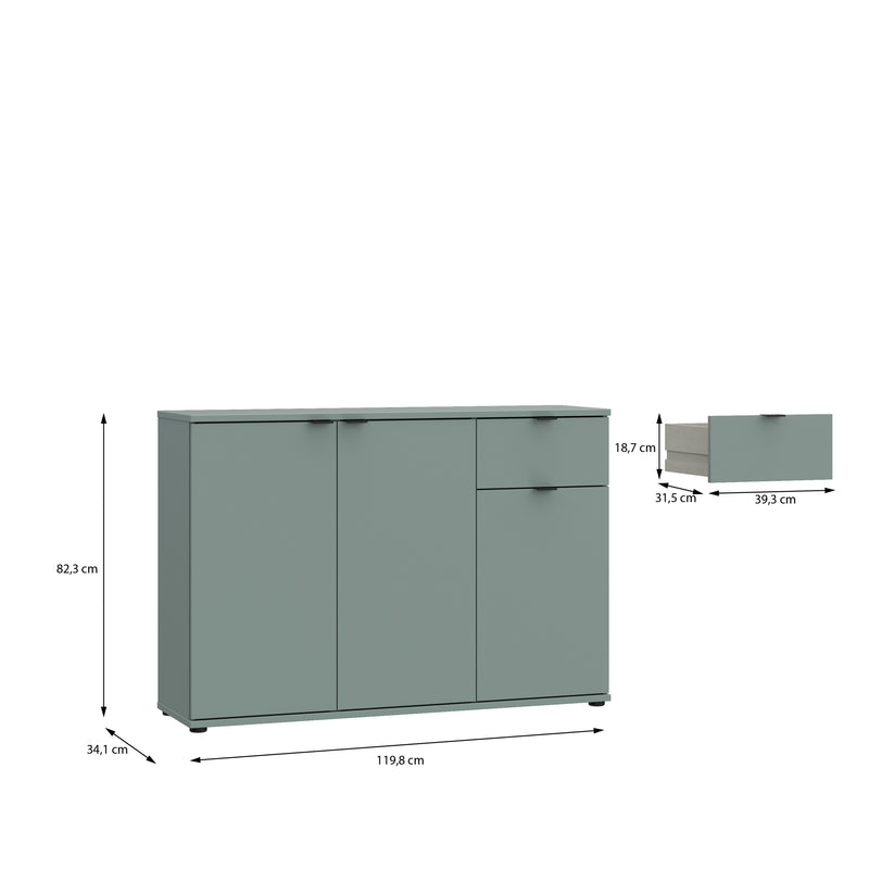 Ganymede Wide 3 Door Cupboard with Drawer in Sage Green – image 9
