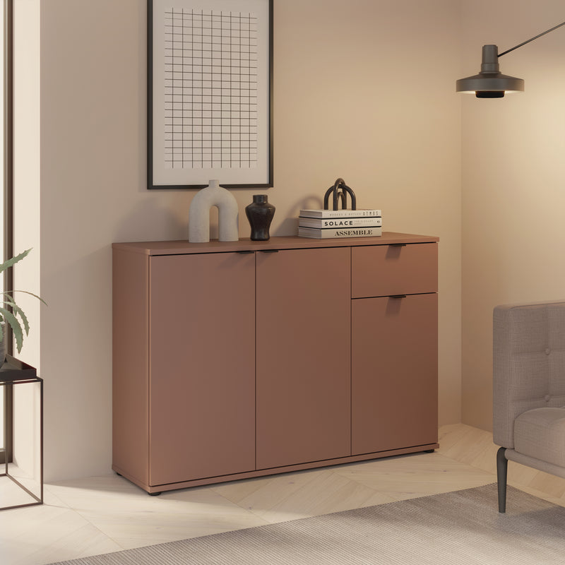 Ganymede Wide 3 Door Cupboard with Drawer in Terracotta – image 5