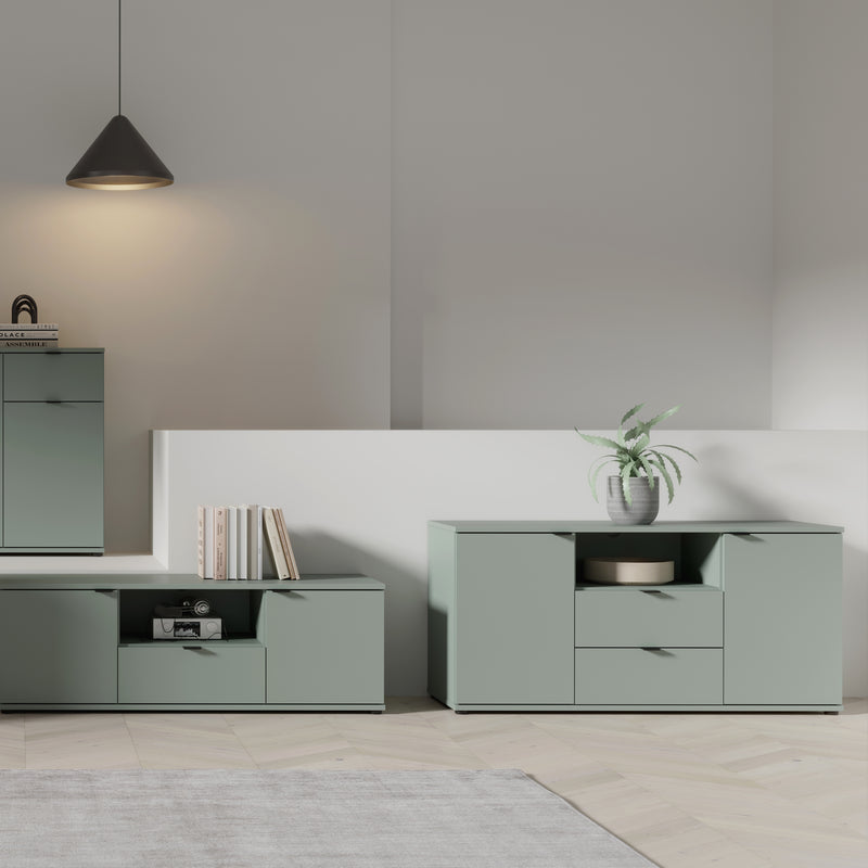 Ganymede TV Unit with Open Shelf, Drawer & 2 Doors in Sage Green – image 6