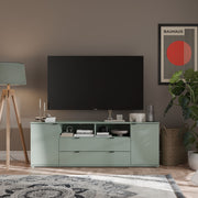 Ganymede Wide TV Unit with Open Shelving, 2 Drawers & 2 Doors in Sage Green – image 6
