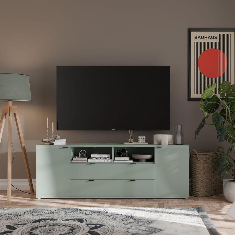 Ganymede Wide TV Unit with Open Shelving, 2 Drawers & 2 Doors in Sage Green – image 6