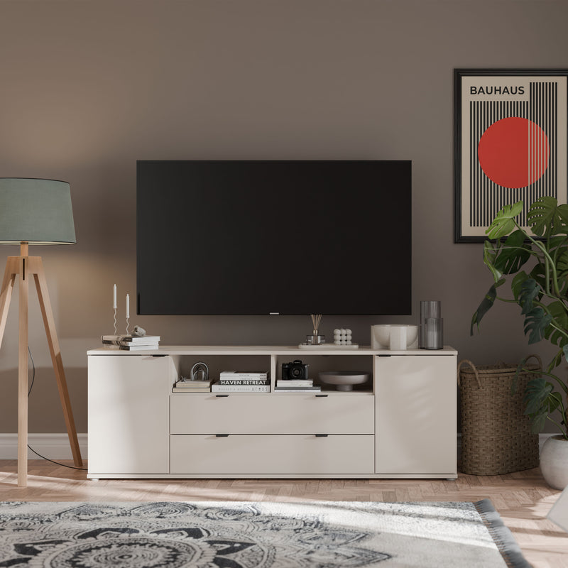 Ganymede Wide TV Unit with Open Shelving, 2 Drawers & 2 Doors in Sand – image 6