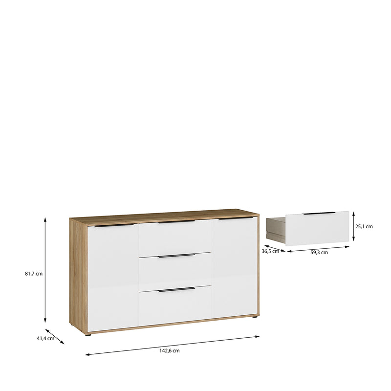 Orkney 3 Drawer Sideboard with 2 Doors in Mauvella Oak and White Gloss – image 10