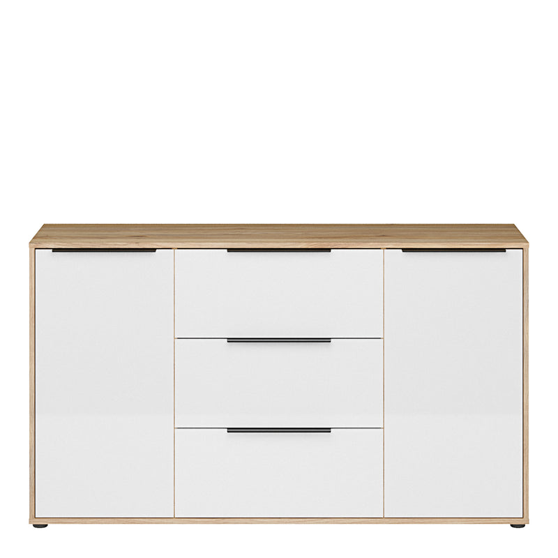 Orkney 3 Drawer Sideboard with 2 Doors in Mauvella Oak and White Gloss – image 2