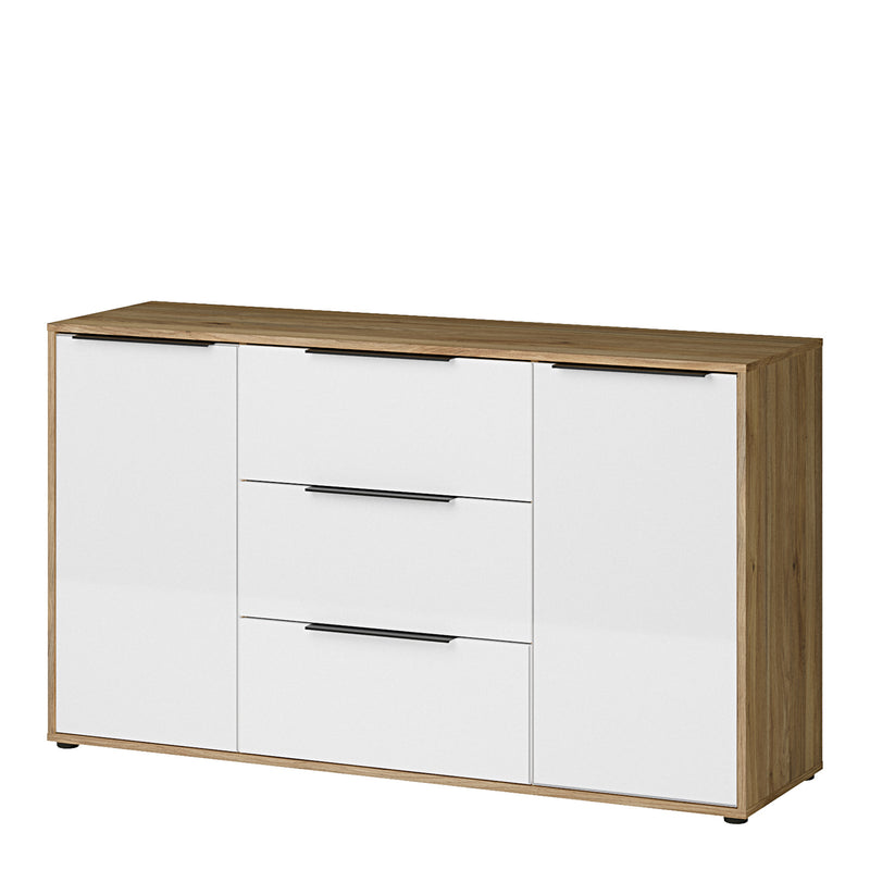 Orkney 3 Drawer Sideboard with 2 Doors in Mauvella Oak and White Gloss – image 3