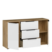 Orkney 3 Drawer Sideboard with 2 Doors in Mauvella Oak and White Gloss – image 4