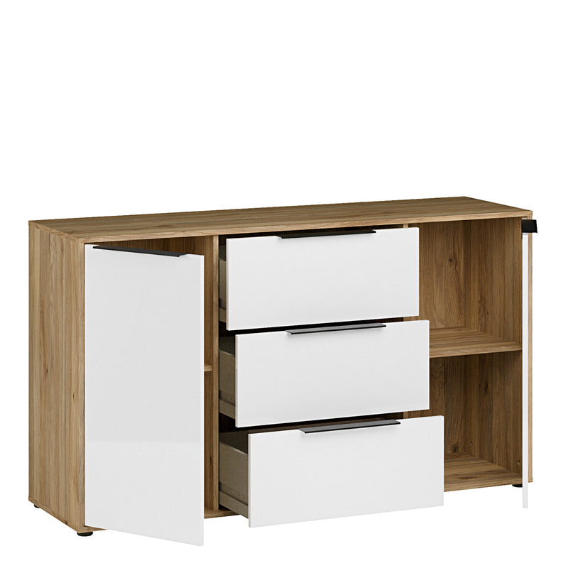 Orkney 3 Drawer Sideboard with 2 Doors in Mauvella Oak and White Gloss – image 4