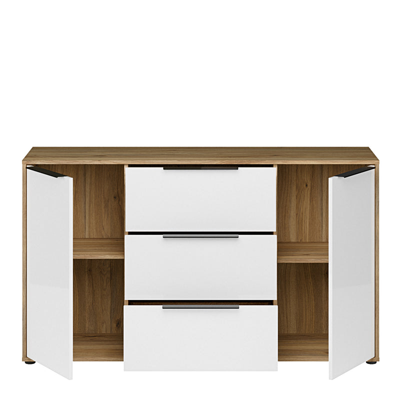 Orkney 3 Drawer Sideboard with 2 Doors in Mauvella Oak and White Gloss – image 5