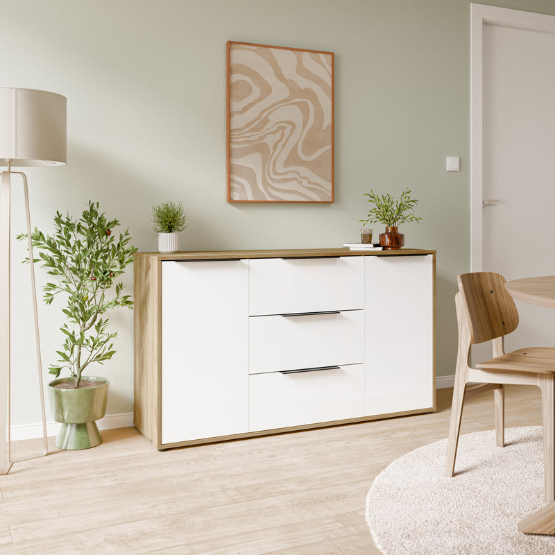Orkney 3 Drawer Sideboard with 2 Doors in Mauvella Oak and White Gloss – image 6