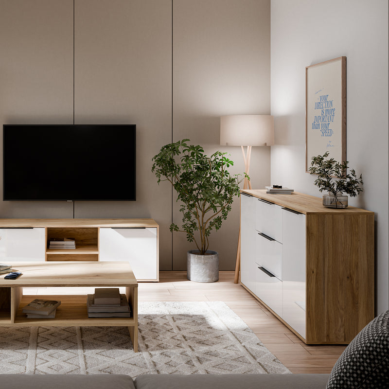 Orkney 3 Drawer Sideboard with 2 Doors in Mauvella Oak and White Gloss – image 7