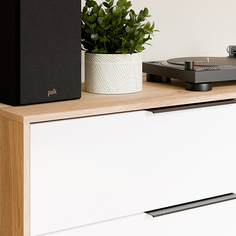 Orkney 3 Drawer Sideboard with 2 Doors in Mauvella Oak and White Gloss – image 9