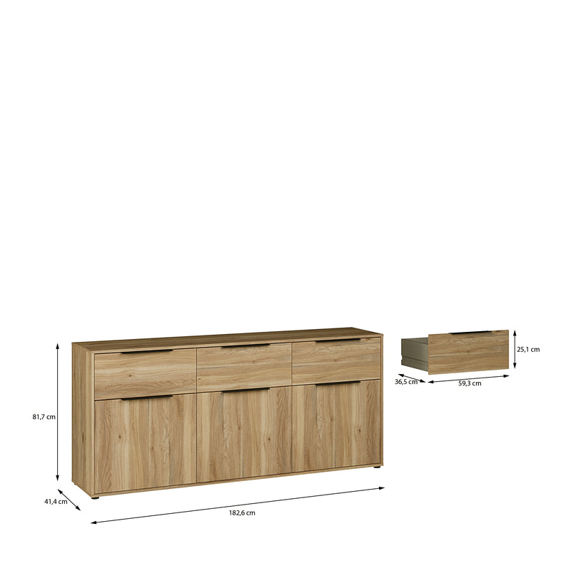 Orkney 3 Drawer Sideboard with 3 Doors in Mauvella Oak – image 8