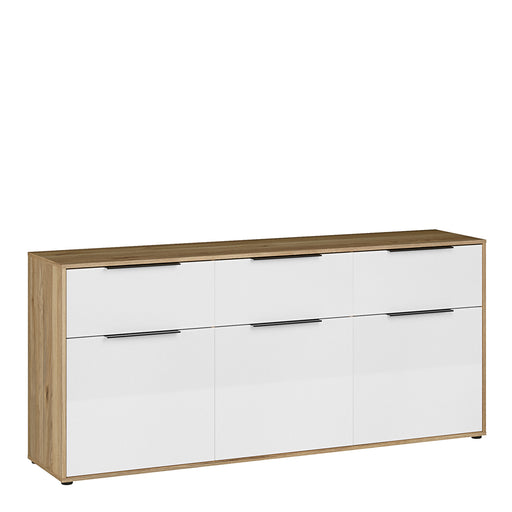 Orkney 3 Drawer Sideboard with 3 Doors in Mauvella Oak and White Gloss – image 1