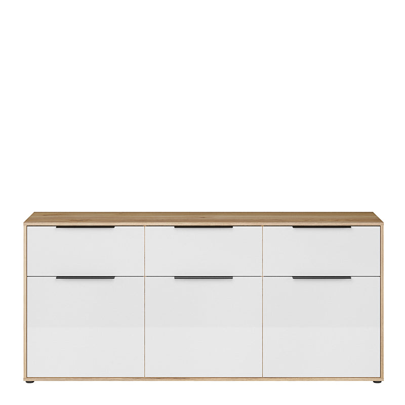 Orkney 3 Drawer Sideboard with 3 Doors in Mauvella Oak and White Gloss – image 2