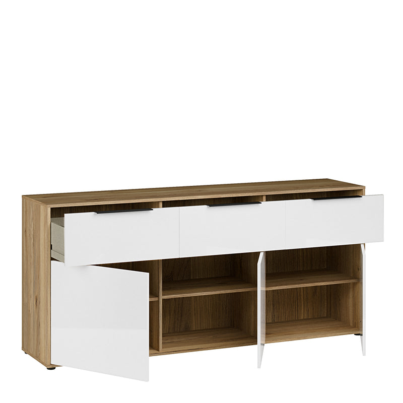 Orkney 3 Drawer Sideboard with 3 Doors in Mauvella Oak and White Gloss – image 4