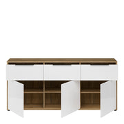 Orkney 3 Drawer Sideboard with 3 Doors in Mauvella Oak and White Gloss – image 5