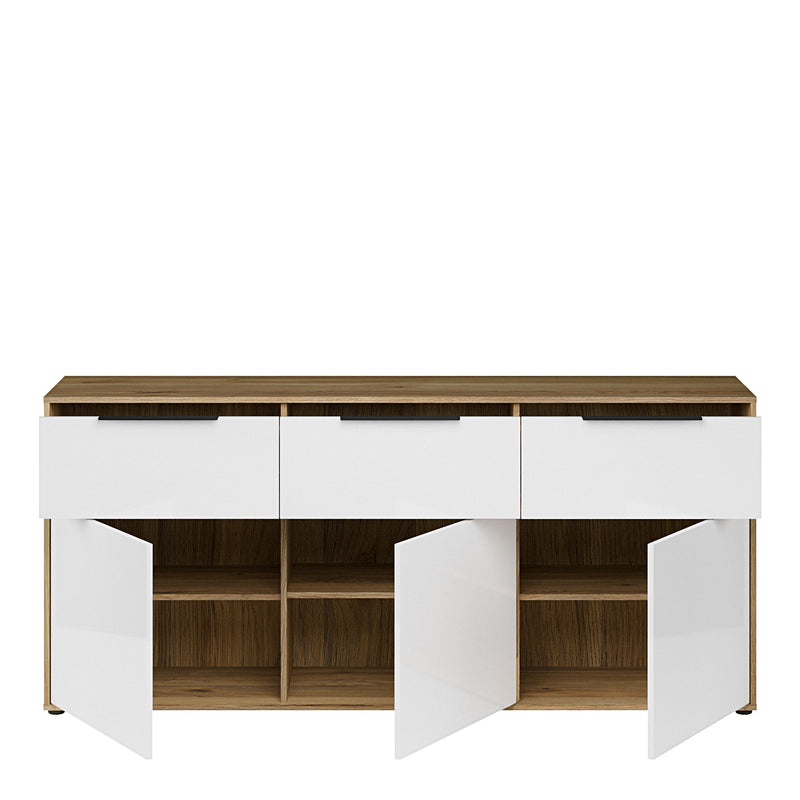 Orkney 3 Drawer Sideboard with 3 Doors in Mauvella Oak and White Gloss – image 5