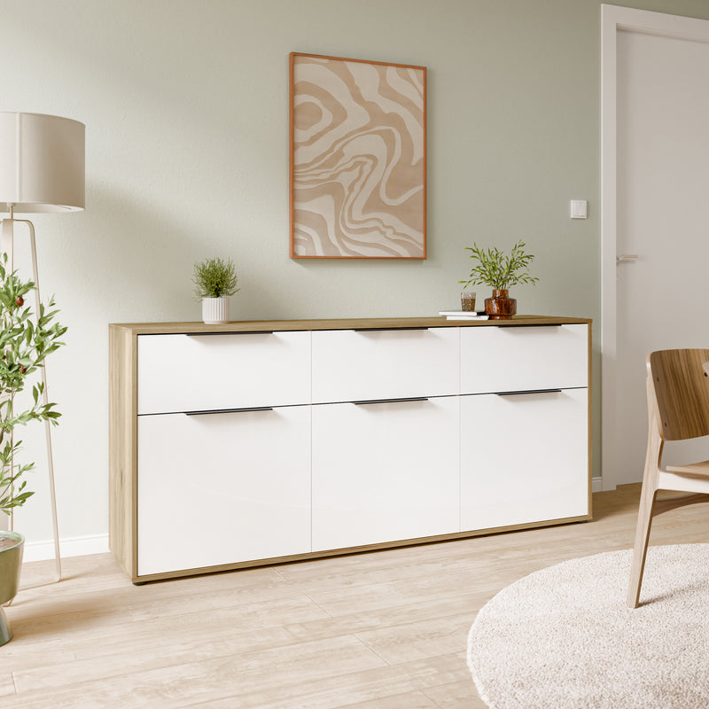 Orkney 3 Drawer Sideboard with 3 Doors in Mauvella Oak and White Gloss – image 6