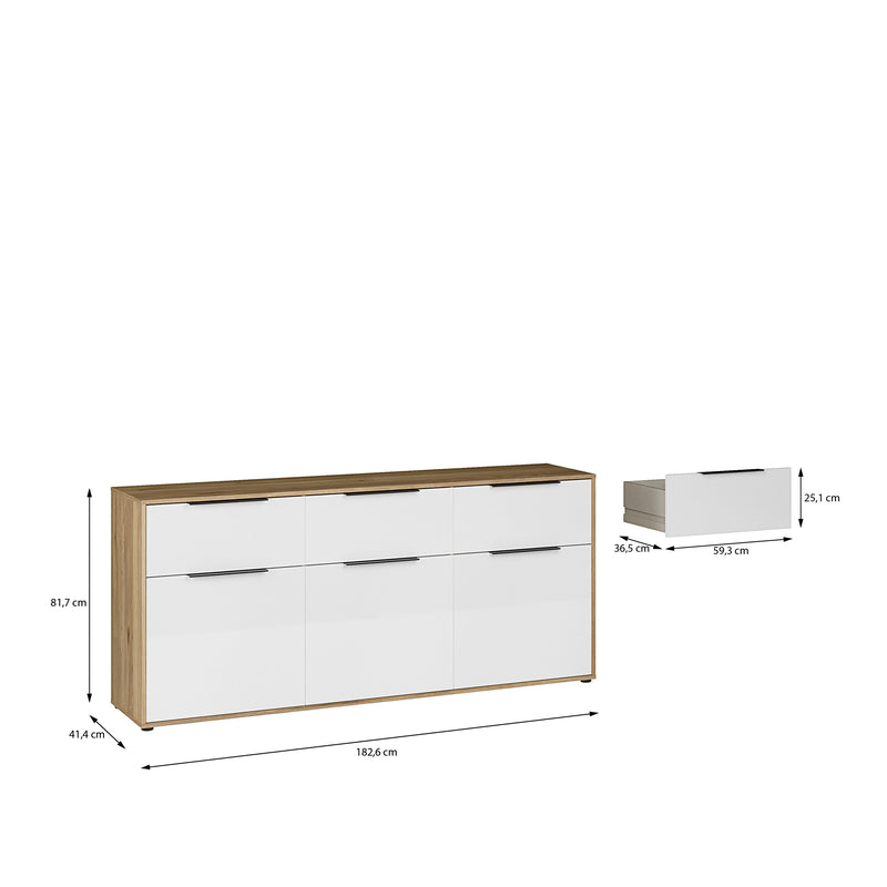 Orkney 3 Drawer Sideboard with 3 Doors in Mauvella Oak and White Gloss – image 8