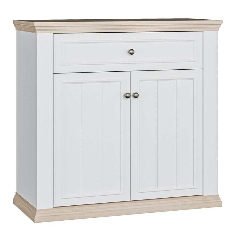 Pontypool 2 Door 1 Drawer Small Sideboard in White and Riva Oak – image 1