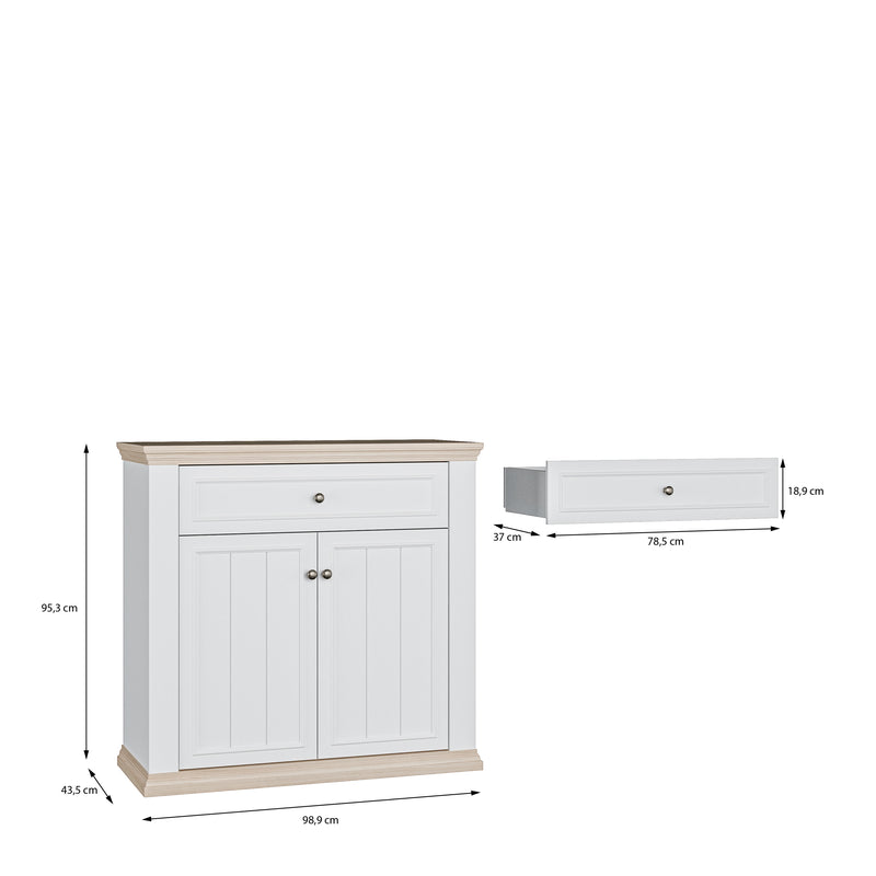 Pontypool 2 Door 1 Drawer Small Sideboard in White and Riva Oak – image 9
