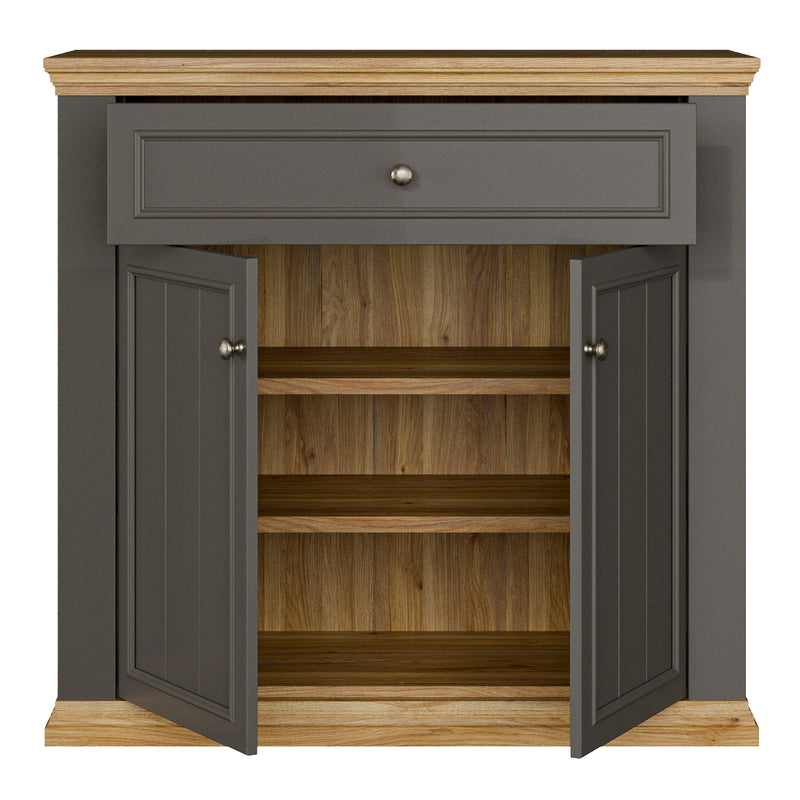 Pontypool 2 Door 1 Drawer Small Sideboard in Wolfram Grey and Mauvella Oak – image 6