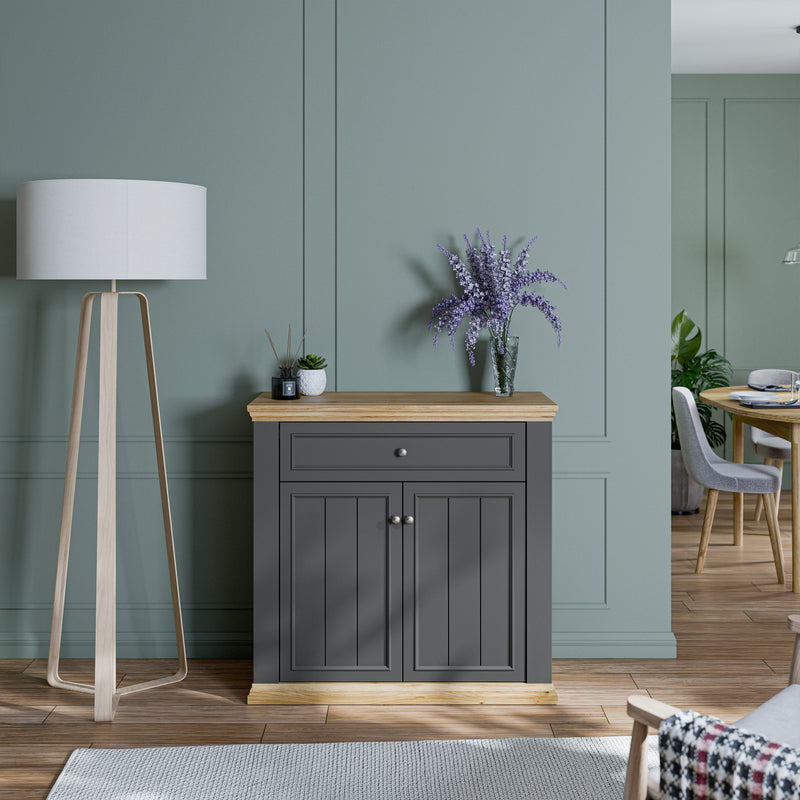 Pontypool 2 Door 1 Drawer Small Sideboard in Wolfram Grey and Mauvella Oak – image 7