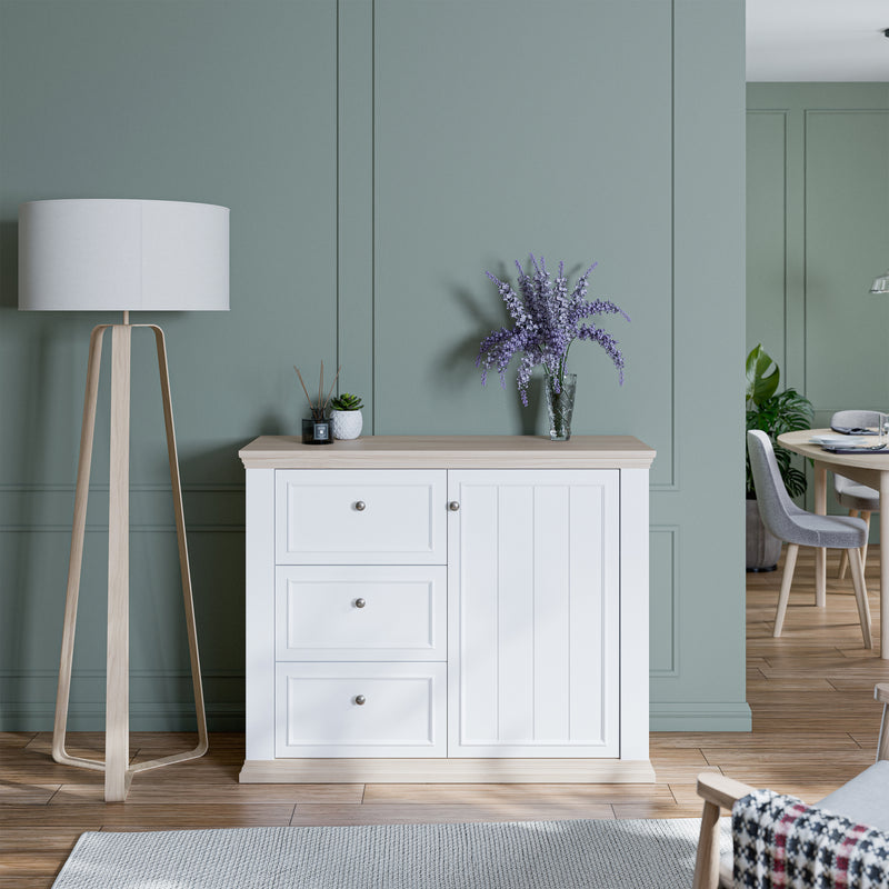 Pontypool 3 Drawer & 1 Door Sideboard in White and Riva Oak – image 7