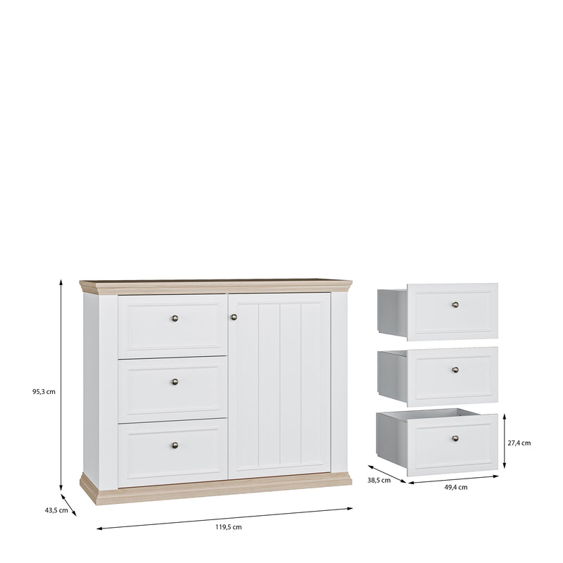 Pontypool 3 Drawer & 1 Door Sideboard in White and Riva Oak – image 8
