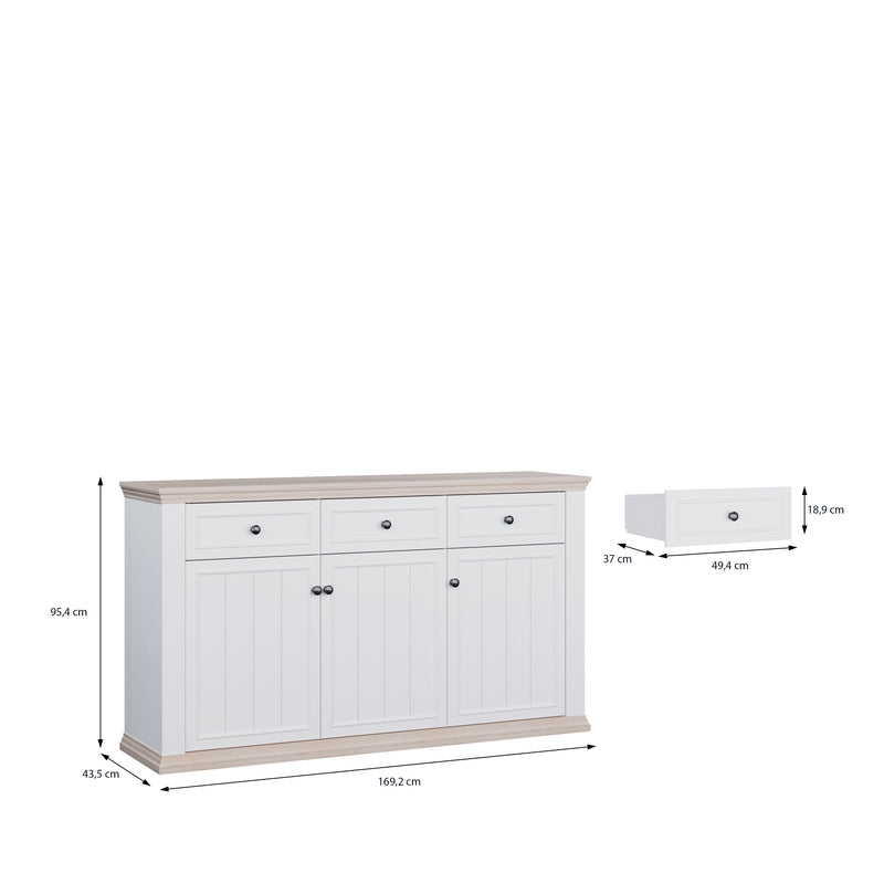 Pontypool 3 Drawer & 3 Door Sideboard in White and Riva Oak – image 9