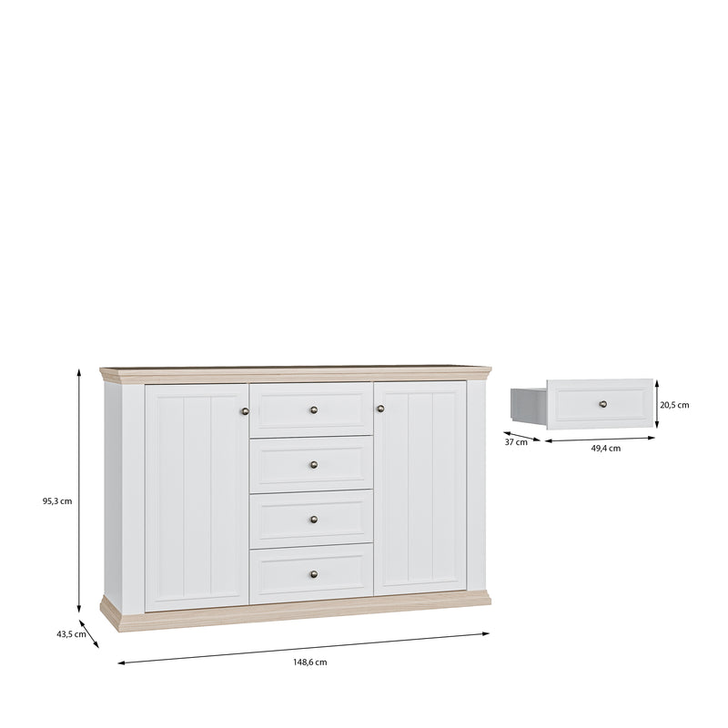 Pontypool 4 Drawer & 2 Door Sideboard in White and Riva Oak – image 9