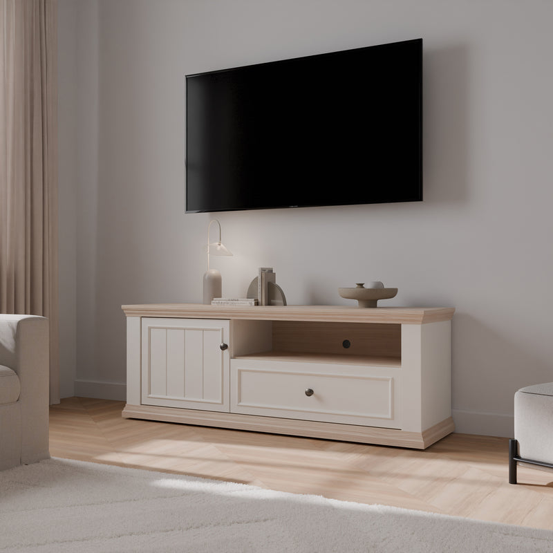 Pontypool TV Unit with Drawer & Open Shelf in White and Riva Oak – image 6