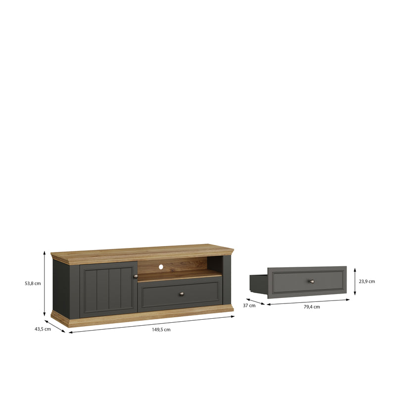 Pontypool TV Unit with Drawer & Open Shelf in Grey and Mauvella Oak – image 9