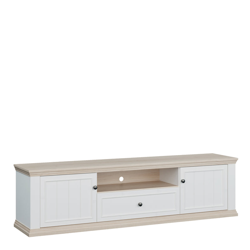 Pontypool Wide TV Unit with 2 Doors, Drawer & Open Shelf in White and Riva Oak – image 1
